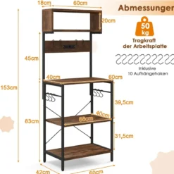 Küchenregal mit Steckdose & Offenen Regalen & 10 Aufhängehaken Standregal Mikrowellenregal