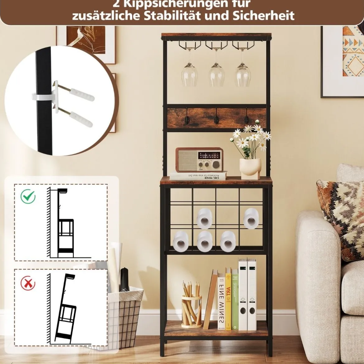 Küchenregal mit Weinregal Standregal mit Anlagen & 3 Hakens & Glashaltern Braun