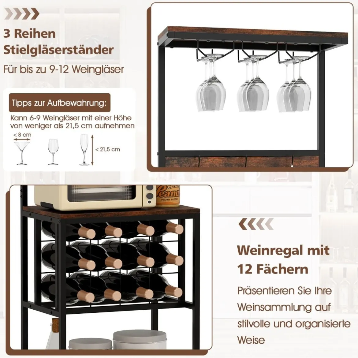 Küchenregal mit Weinregal Standregal mit Anlagen & 3 Hakens & Glashaltern Braun