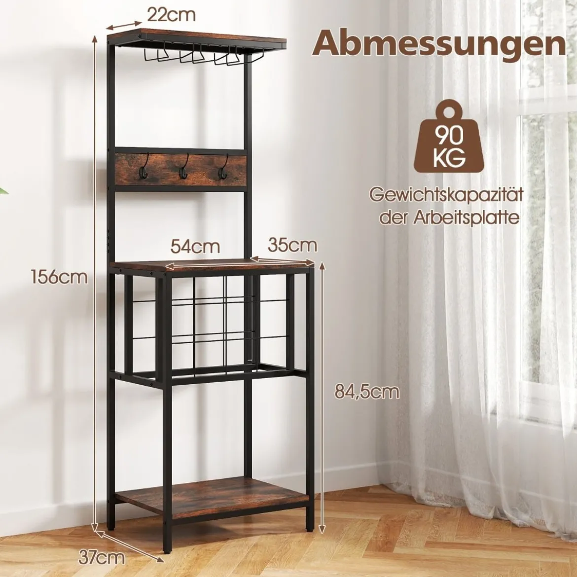 Küchenregal mit Weinregal Standregal mit Anlagen & 3 Hakens & Glashaltern Braun