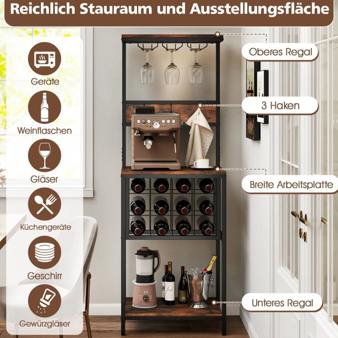 Küchenregal mit Weinregal Standregal mit Anlagen & 3 Hakens & Glashaltern Braun