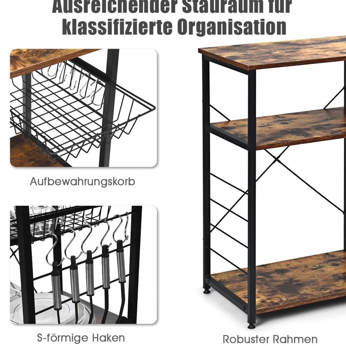 Küchenregal Standregal Bäckerregal Lagerregal mit Haken und Körben Mikrowellenregal Natur
