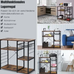Küchenregal Standregal Bäckerregal Lagerregal mit Haken und Körben Mikrowellenregal Natur