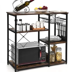 Küchenregal Standregal Bäckerregal Lagerregal mit Haken und Körben Mikrowellenregal Natur