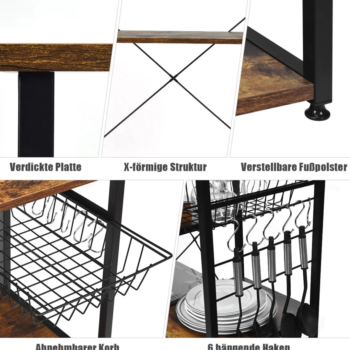 Küchenregal Standregal Bäckerregal Lagerregal mit Haken und Körben Mikrowellenregal Natur