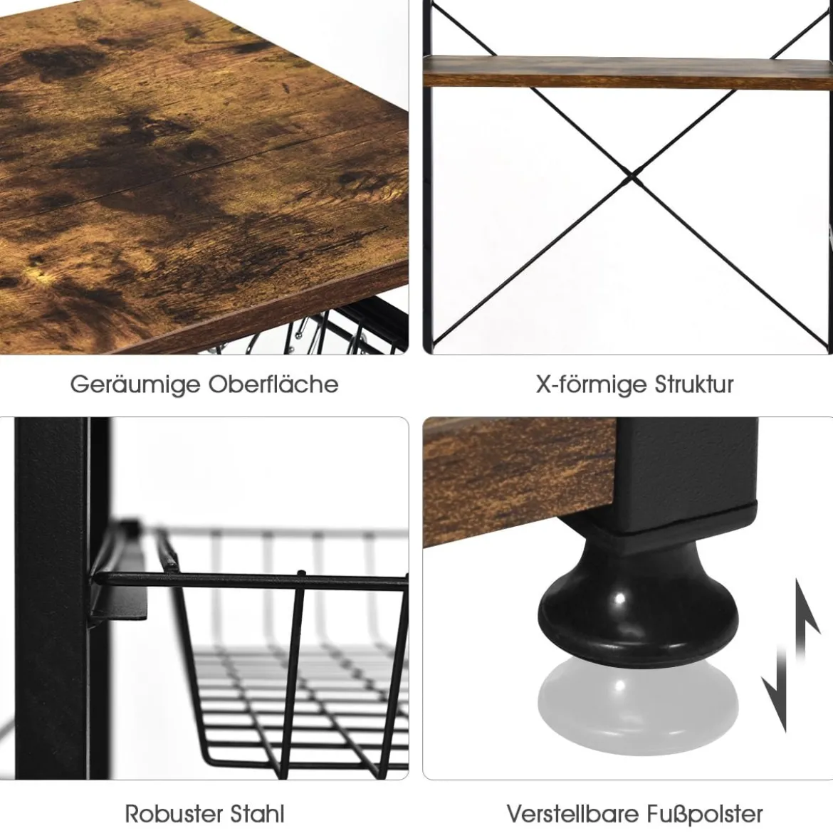Küchenregal Standregal Bäckerregal Lagerregal mit Haken und Körben Mikrowellenregal Natur
