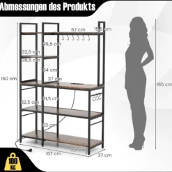 Küchenregal Standregal mit Steckdosen 5 Etagen Mikrowellenregal mit Regalen 107 x 37 x 160 cm Rustikales Braun