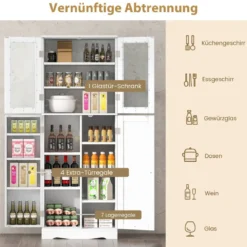 Küchenschrank aus Holz mit 2 Türen gehärtetem Glas & Regalen Hochschrank Weiß