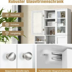 Küchenschrank aus Holz mit 2 Türen gehärtetem Glas & Regalen Hochschrank Weiß