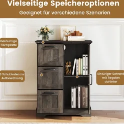 Küchenschrank Holz Landhaus Aktenschrank mit Schiebetür & 3 Schubladen freistehender Buffetschrank Grau