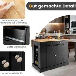 Küchenschrank mit Ausziehbarer Arbeitsplatte aus Gummiholz Kücheninsel mit Stauraum Schwarz