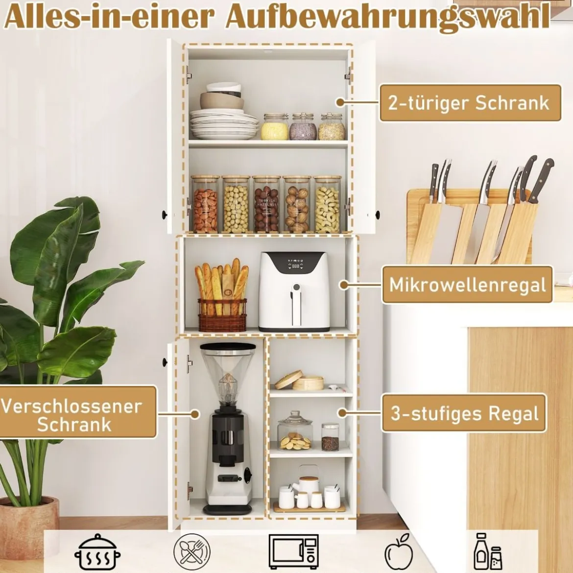 Küchenschrank mit 3 Türen & Offenen Regalen Buffetschrank mit Arbeitsplatte Hochschrank Weiß