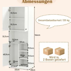 Küchenschrank mit 3 Türen & Offenen Regalen Buffetschrank mit Arbeitsplatte Hochschrank Weiß