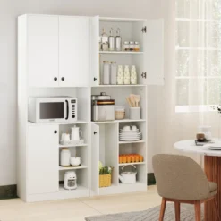 Küchenschrank mit 3 Türen & Offenen Regalen Buffetschrank mit Arbeitsplatte Hochschrank Weiß