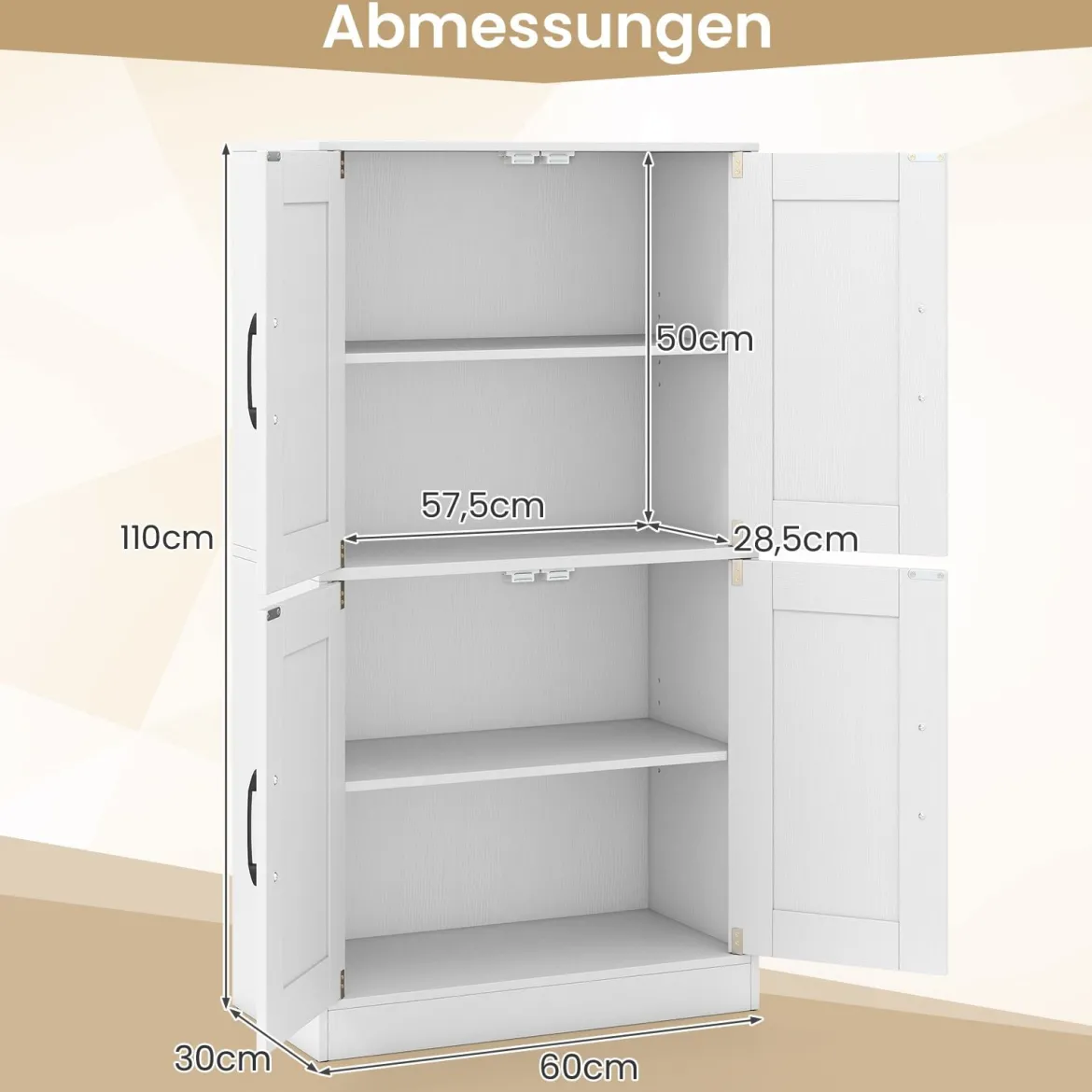 Küchenschrank mit 4 Türen & Verstellbaren Regalen Buffetschrank Vorratsschrank Weiß