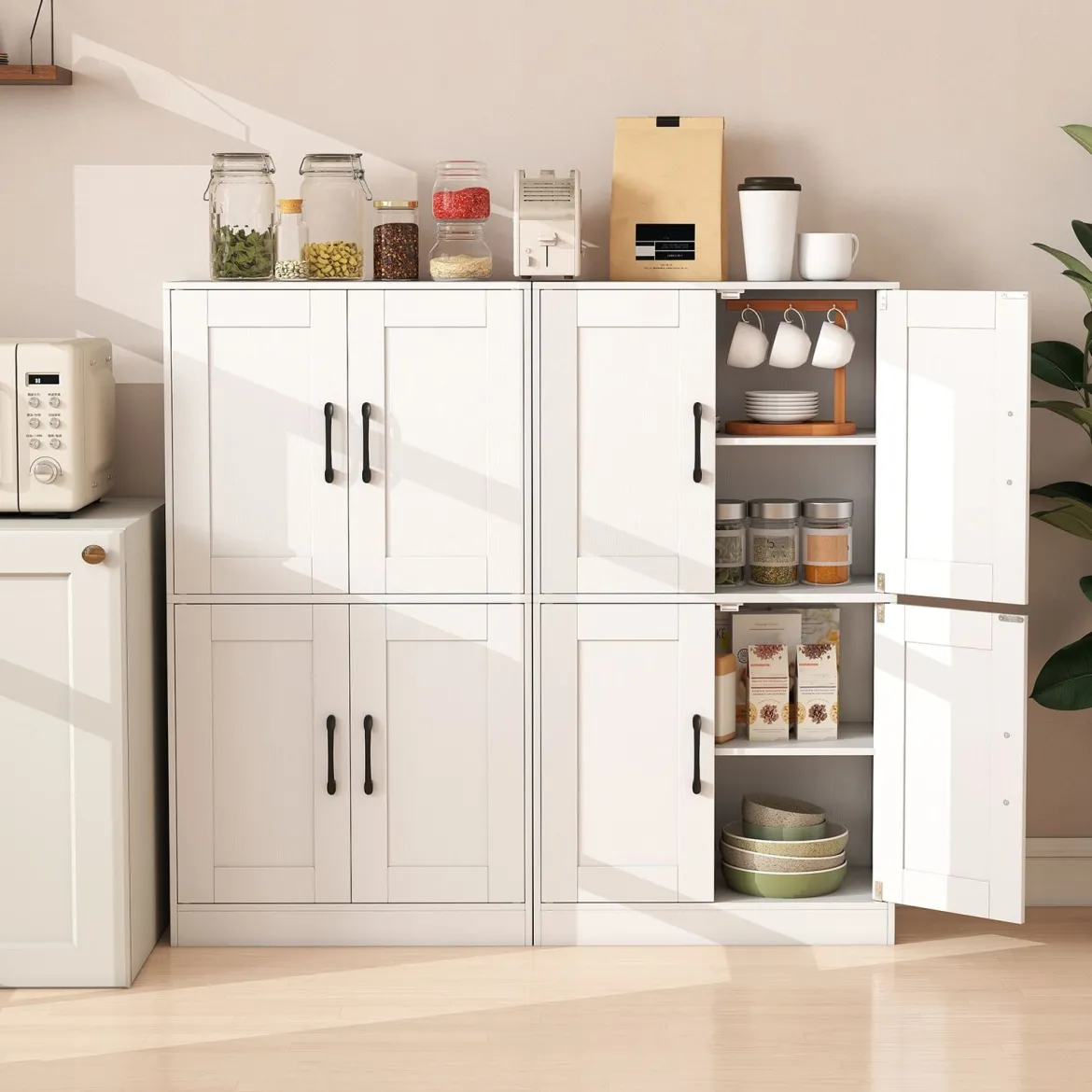 Küchenschrank mit 4 Türen & Verstellbaren Regalen Buffetschrank Vorratsschrank Weiß