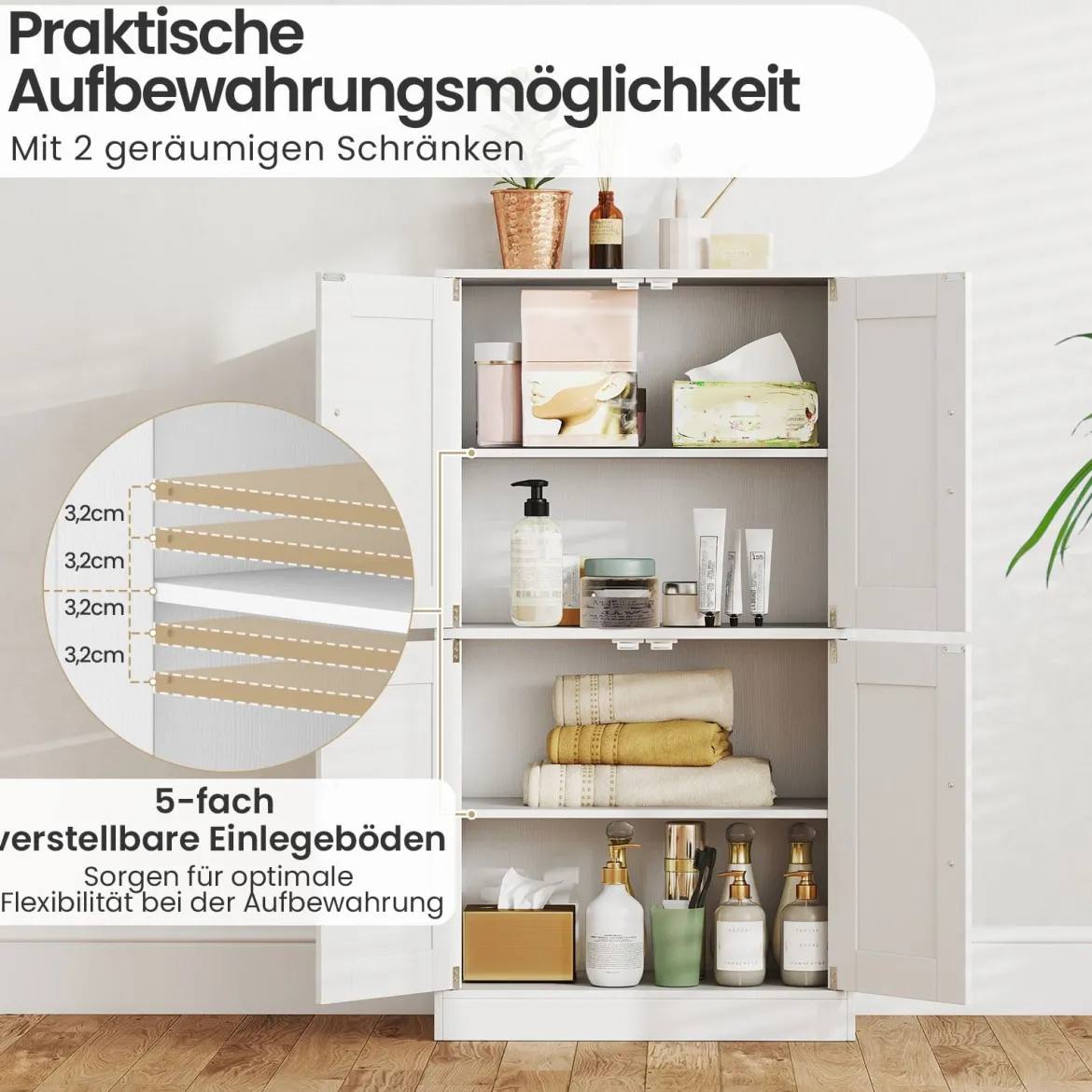Küchenschrank mit 4 Türen & Verstellbaren Regalen Buffetschrank Vorratsschrank Weiß