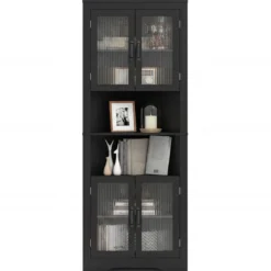 Küchenschrank schmal Eckschrank mit 4 Glastüren und 6 Ablagen 171 cm hoch dreieckiger Buffetschrank Schwarz