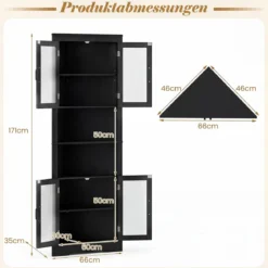 Küchenschrank schmal Eckschrank mit 4 Glastüren und 6 Ablagen 171 cm hoch dreieckiger Buffetschrank Schwarz