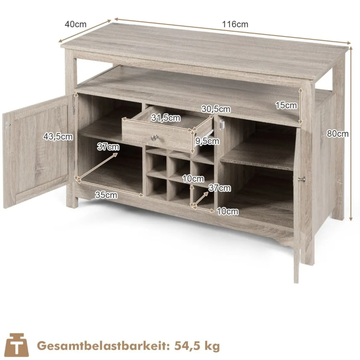 Küchen-Sideboard Küchenspeicherschrank Geschirr-Organisator Küchenschrank aus Holz 116 x 40 x 80,5 cm Grau