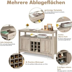 Küchen-Sideboard Küchenspeicherschrank Geschirr-Organisator Küchenschrank aus Holz 116 x 40 x 80,5 cm Grau