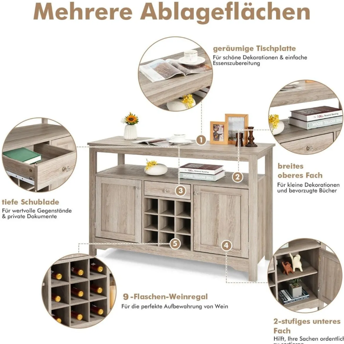 Küchen-Sideboard Küchenspeicherschrank Geschirr-Organisator Küchenschrank aus Holz 116 x 40 x 80,5 cm Grau