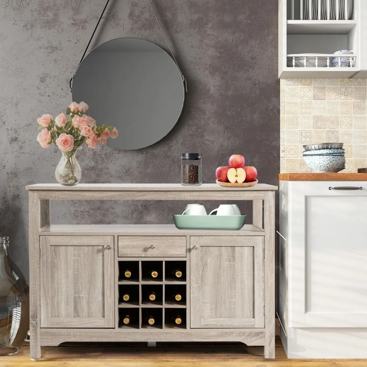 Küchen-Sideboard Küchenspeicherschrank Geschirr-Organisator Küchenschrank aus Holz 116 x 40 x 80,5 cm Grau