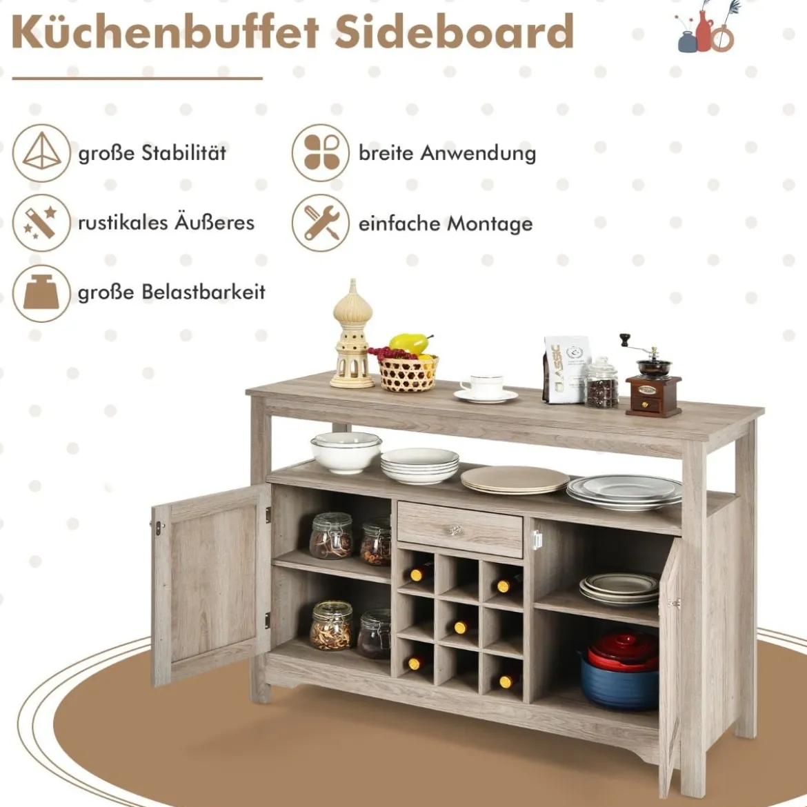 Küchen-Sideboard Küchenspeicherschrank Geschirr-Organisator Küchenschrank aus Holz 116 x 40 x 80,5 cm Grau