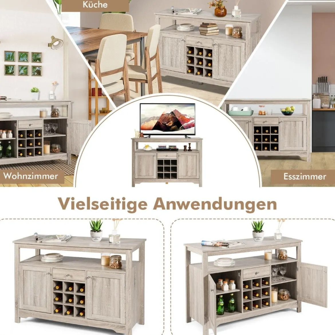 Küchen-Sideboard Küchenspeicherschrank Geschirr-Organisator Küchenschrank aus Holz 116 x 40 x 80,5 cm Grau