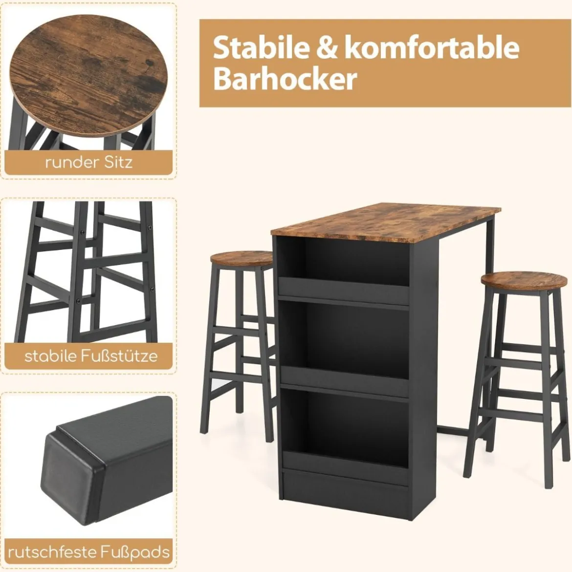 Küchentisch mit 2 Hockern Platzsparender Bistrotisch Thekentisch Esstisch Set Stehtisch