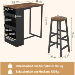 Küchentisch mit 2 Hockern Platzsparender Bistrotisch Thekentisch Esstisch Set Stehtisch