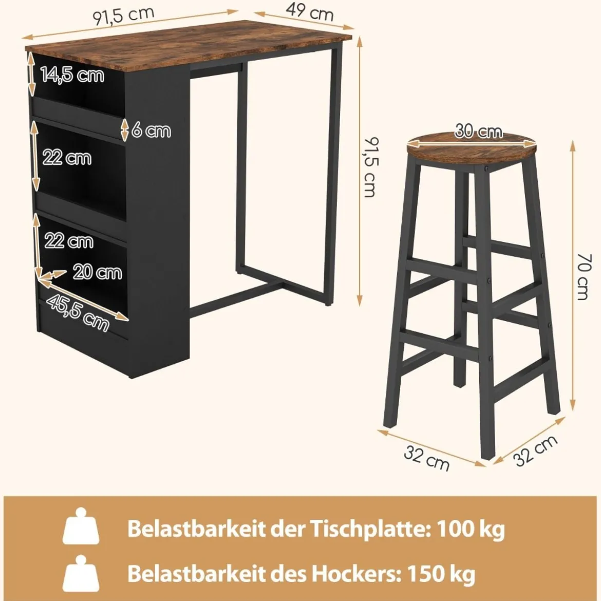 Küchentisch mit 2 Hockern Platzsparender Bistrotisch Thekentisch Esstisch Set Stehtisch