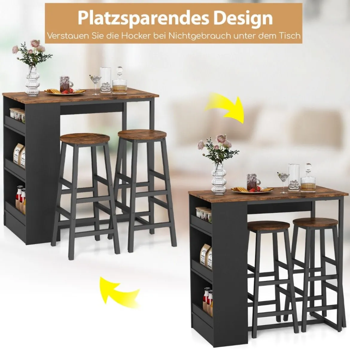 Küchentisch mit 2 Hockern Platzsparender Bistrotisch Thekentisch Esstisch Set Stehtisch