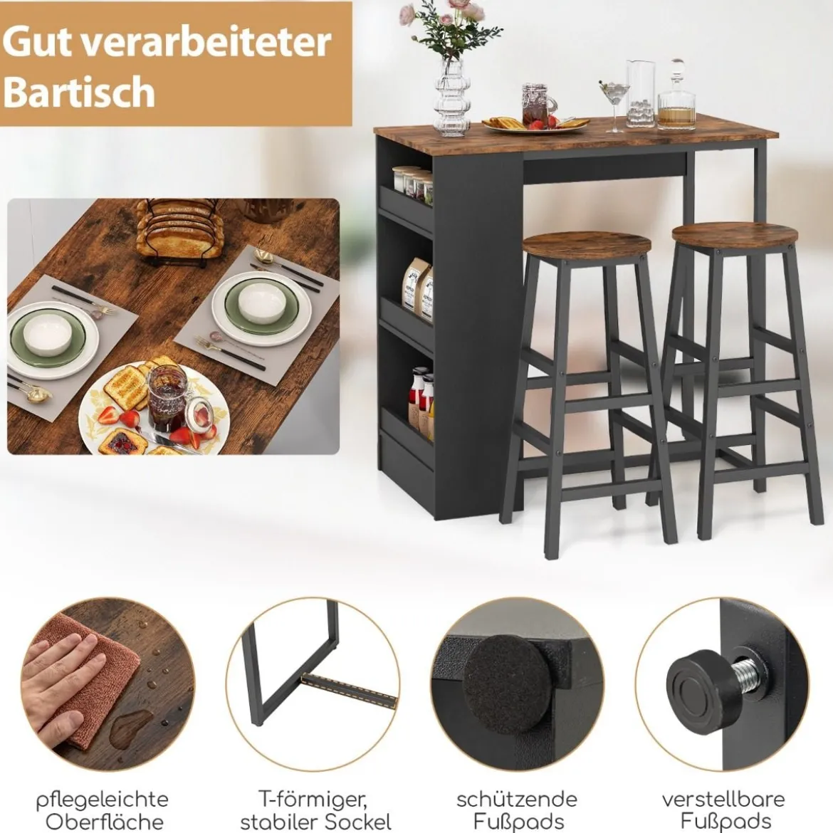 Küchentisch mit 2 Hockern Platzsparender Bistrotisch Thekentisch Esstisch Set Stehtisch