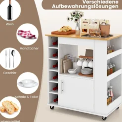 Küchenwagen auf Rollen mit Arbeitsplatte & Handtuchhalter & Gewürzregalen Servierwagen