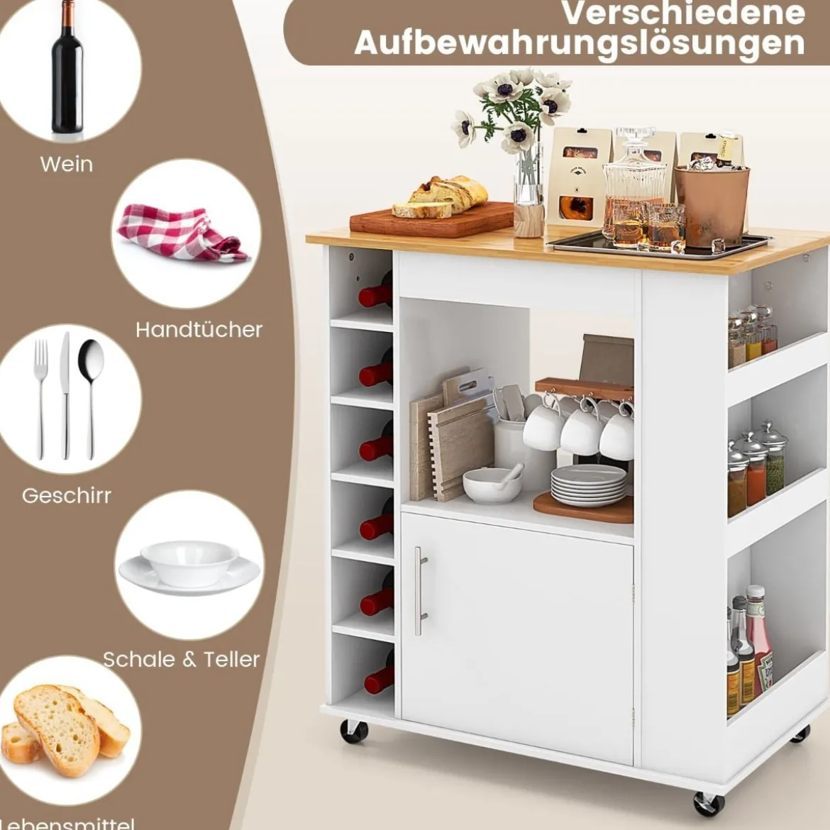 Küchenwagen auf Rollen mit Arbeitsplatte & Handtuchhalter & Gewürzregalen Servierwagen