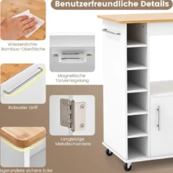 Küchenwagen auf Rollen mit Arbeitsplatte & Handtuchhalter & Gewürzregalen Servierwagen