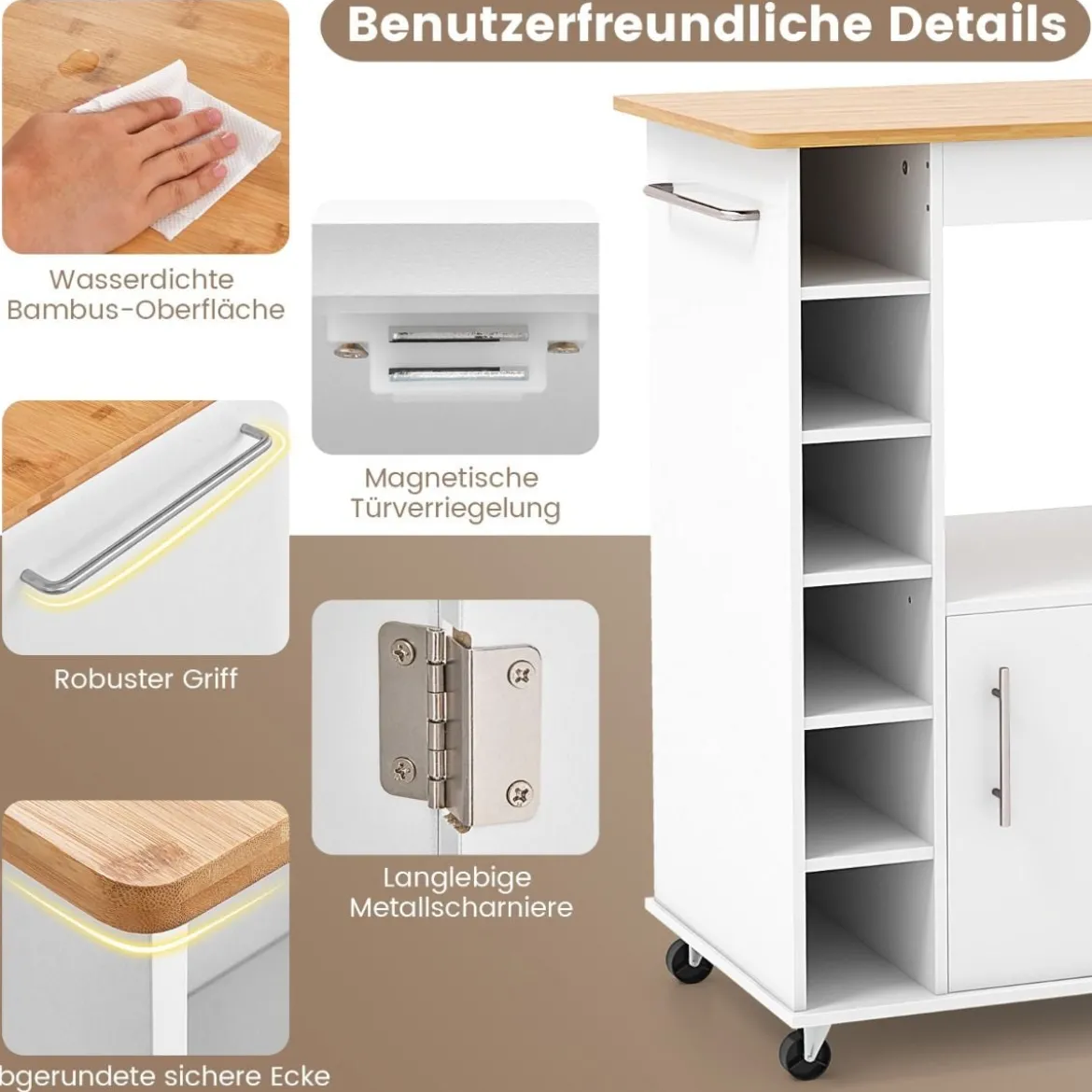 Küchenwagen auf Rollen mit Arbeitsplatte & Handtuchhalter & Gewürzregalen Servierwagen