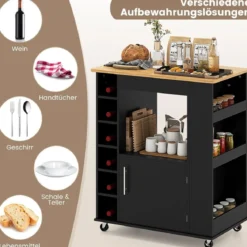 Küchenwagen auf Rollen mit Arbeitsplatte & Handtuchhalter & Gewürzregalen Servierwagen