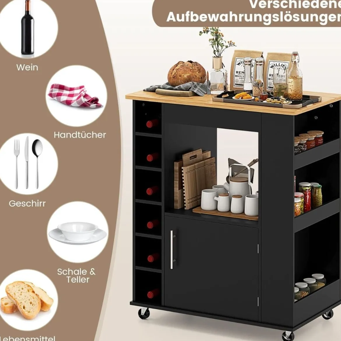 Küchenwagen auf Rollen mit Arbeitsplatte & Handtuchhalter & Gewürzregalen Servierwagen