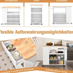 Küchenwagen auf Rollen mit Arbeitsplatte & Schublade & 4 Regalen & Handtuchhalter Weiß