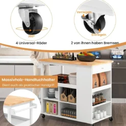 Küchenwagen auf Rollen mit Arbeitsplatte & Schublade & 4 Regalen & Handtuchhalter Weiß