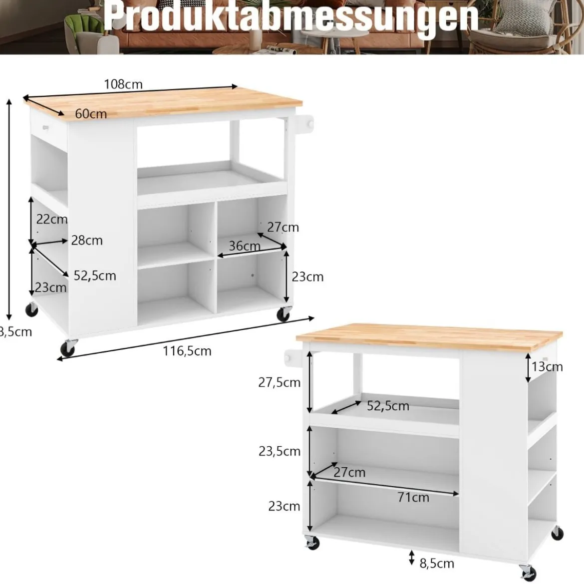 Küchenwagen auf Rollen mit Arbeitsplatte & Schublade & 4 Regalen & Handtuchhalter Weiß