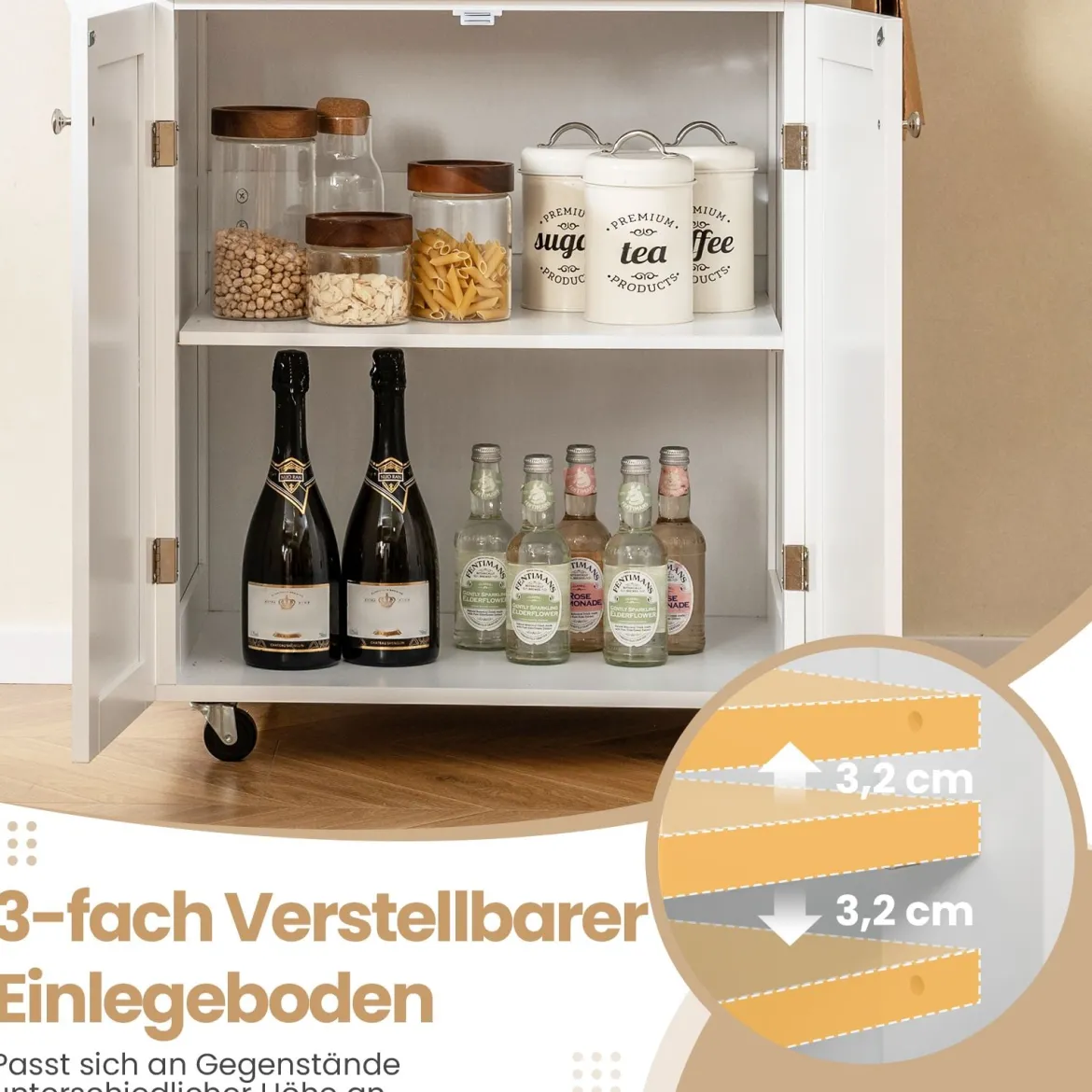 Küchenwagen auf Rollen mit Schublade & Gewürzregal & Handtuchstangen Servierwagen