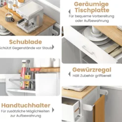 Küchenwagen auf Rollen mit Schublade & Gewürzregal & Handtuchstangen Servierwagen