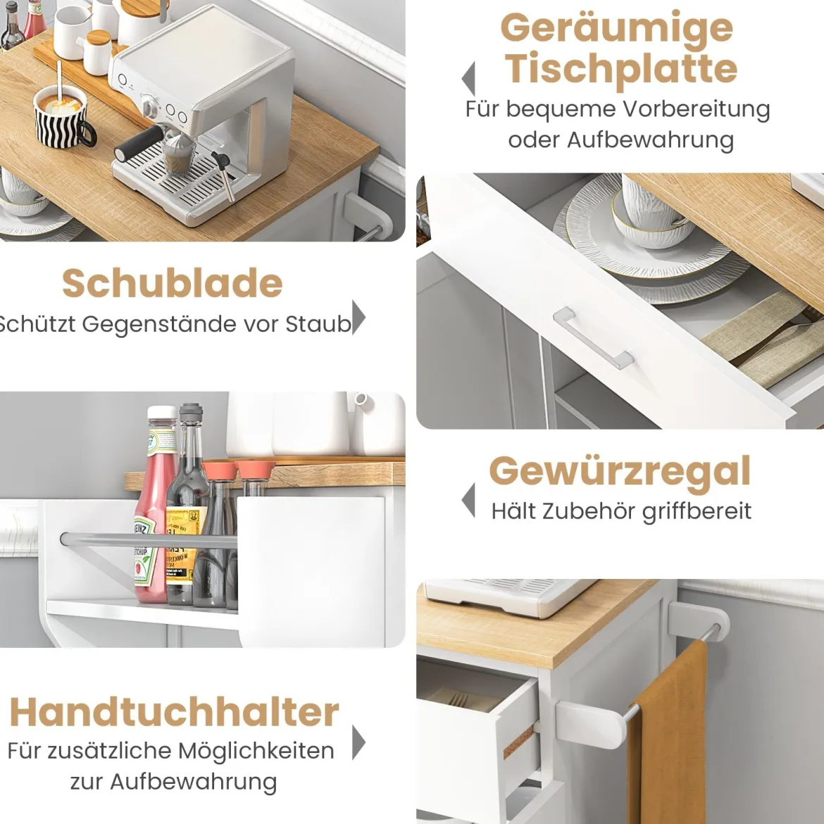 Küchenwagen auf Rollen mit Schublade & Gewürzregal & Handtuchstangen Servierwagen