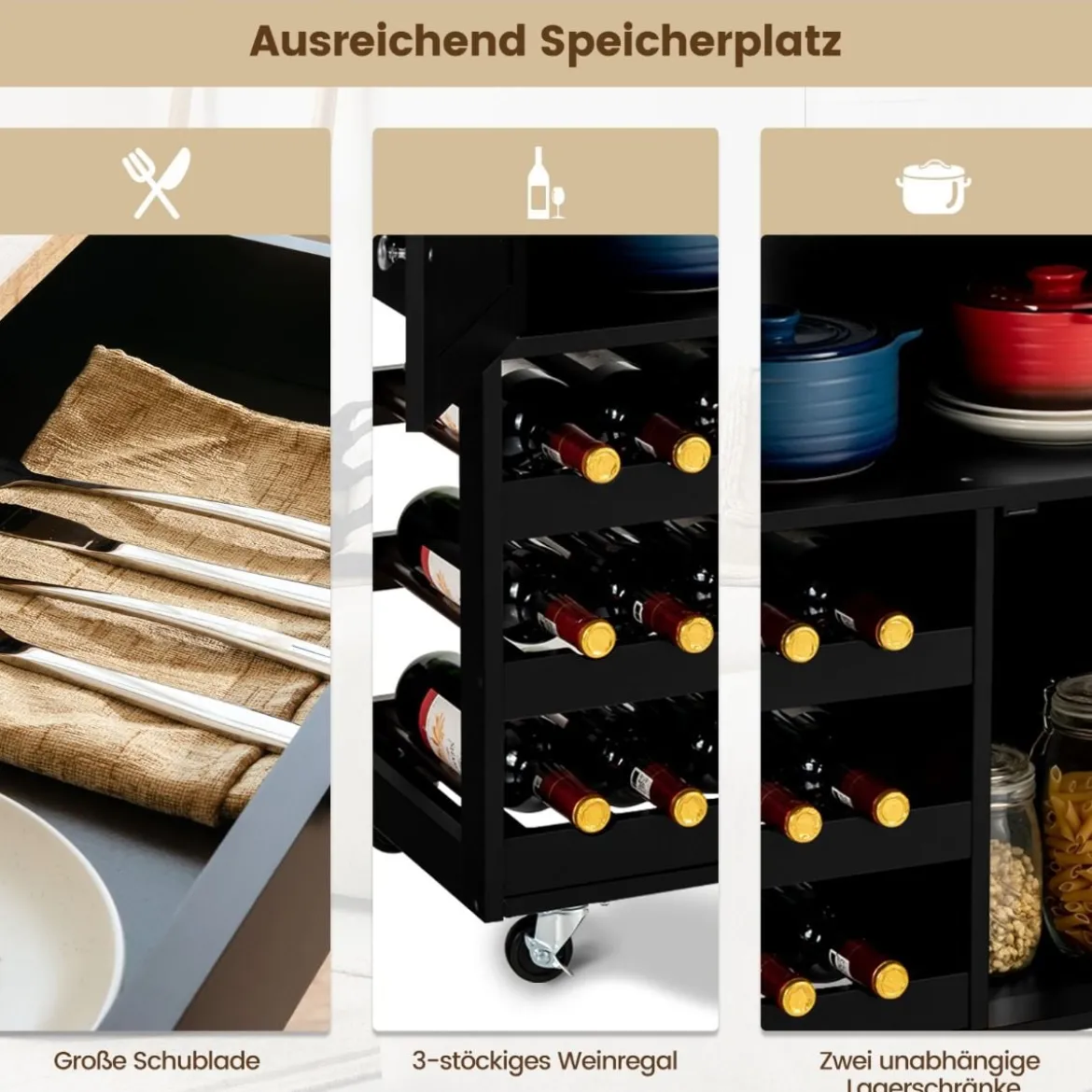 Küchenwagen Kücheninselwagen mit Holzplatte Schublade 67 x 37 x 86,5 cm Schwarz