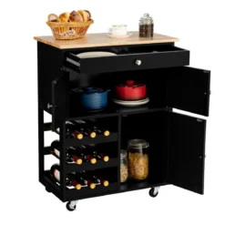 Küchenwagen Kücheninselwagen mit Holzplatte Schublade 67 x 37 x 86,5 cm Schwarz