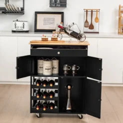 Küchenwagen Kücheninselwagen mit Holzplatte Schublade 67 x 37 x 86,5 cm Schwarz