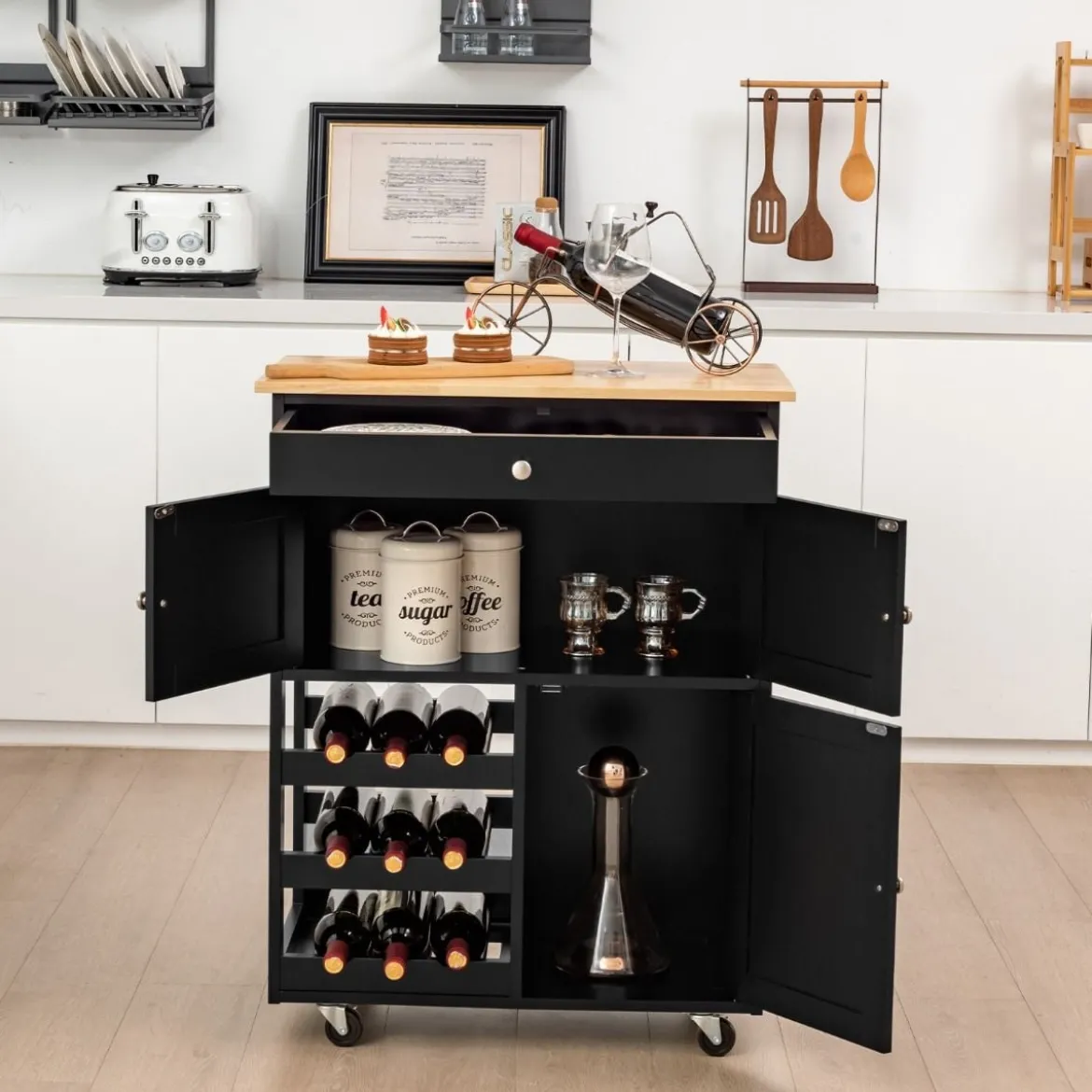 Küchenwagen Kücheninselwagen mit Holzplatte Schublade 67 x 37 x 86,5 cm Schwarz